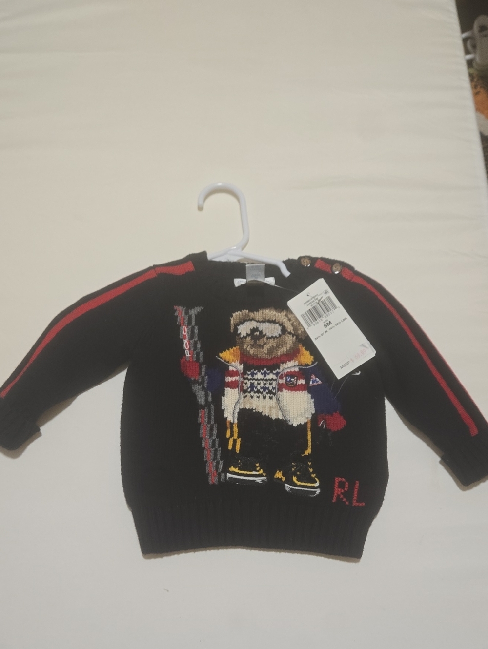 Ralph Lauren Black Kids Ski Bear Knit Sweater with Red Accents